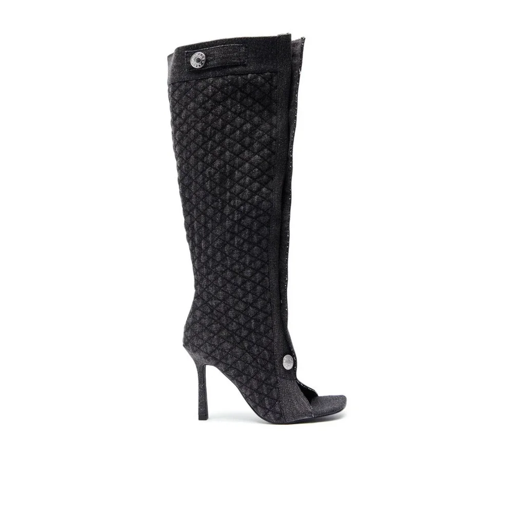 Azalea Wang Faded Black Denim Kazuki Mid Calf Boots Button‎ Detail Open Toe Heel